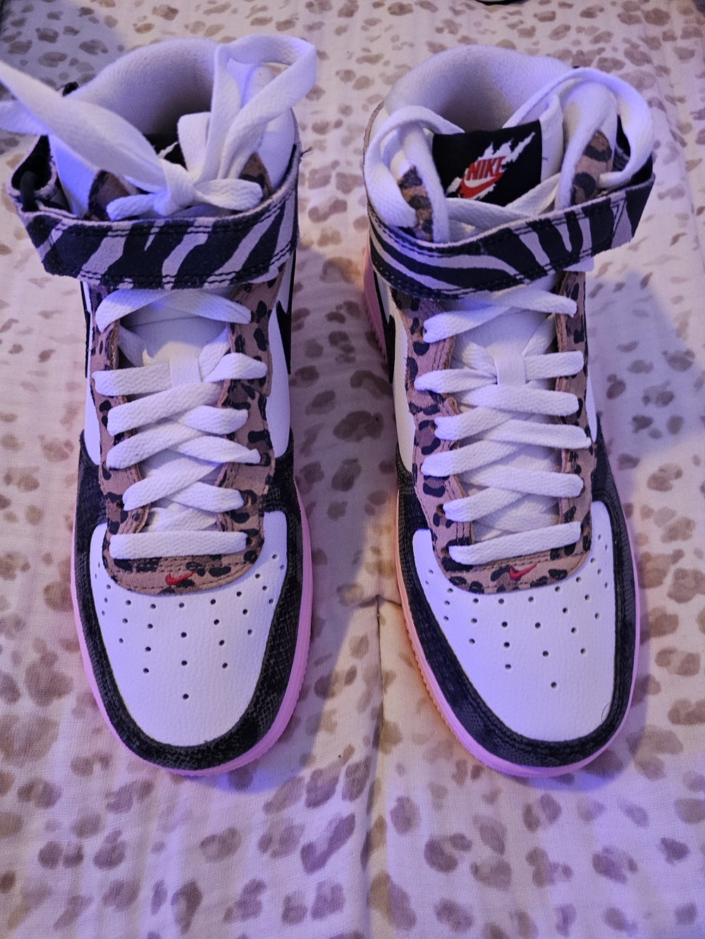 Nike White, Black & Pink High-Top Sneakers with Animal Print